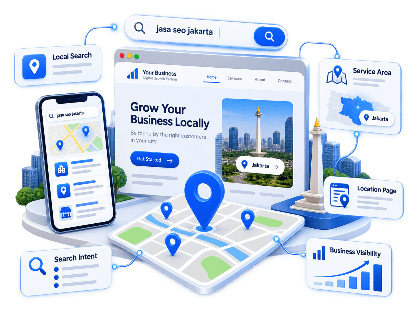 Ilustrasi strategi local SEO dan business visibility untuk pencarian berdasarkan lokasi
