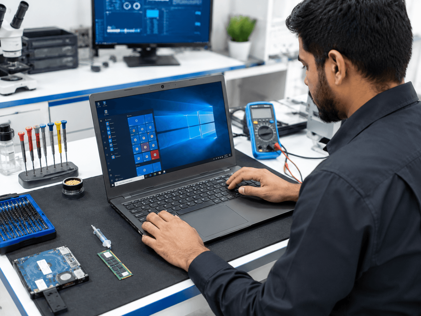Ilustrasi testing Windows dan pengecekan laptop setelah service